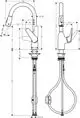 Hansgrohe Spültischmischer mit Ausziehbrause, dargestellt in technischen Zeichnungen mit Maßen und Details zur Montage. Erwähnung von Wasseranschlüssen und Hebelmechanismus.